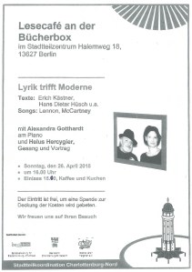 Einlasungsplakat zur Leseung an der BücherboXX am Halemweg am 26. April 2015 Helus Hercygier